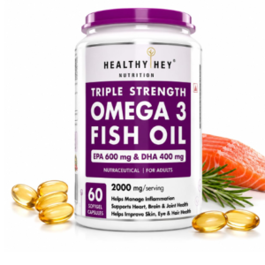 HealthyHey Nutrition Fish Oil Capsules Omega 3 60 Softgel For Women and Men | Triple Strength Fish Oil | Burpless, EPA 600 - DHA 400 Supplement
