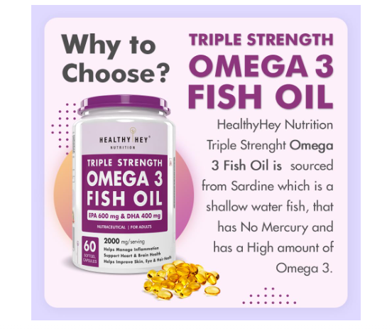 HealthyHey Nutrition Fish Oil Capsules Omega 3 60 Softgel For Women and Men | Triple Strength Fish Oil | Burpless, EPA 600 - DHA 400 Supplement - Image 2