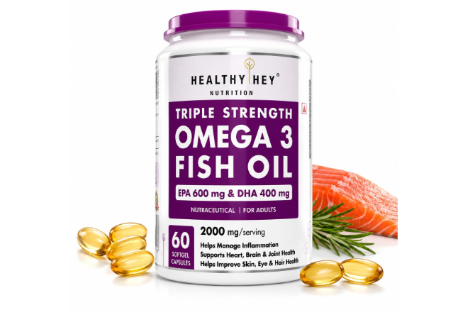HealthyHey Nutrition Fish Oil Capsules Omega 3 60 Softgel For Women and Men | Triple Strength Fish Oil | Burpless, EPA 600 - DHA 400 Supplement
